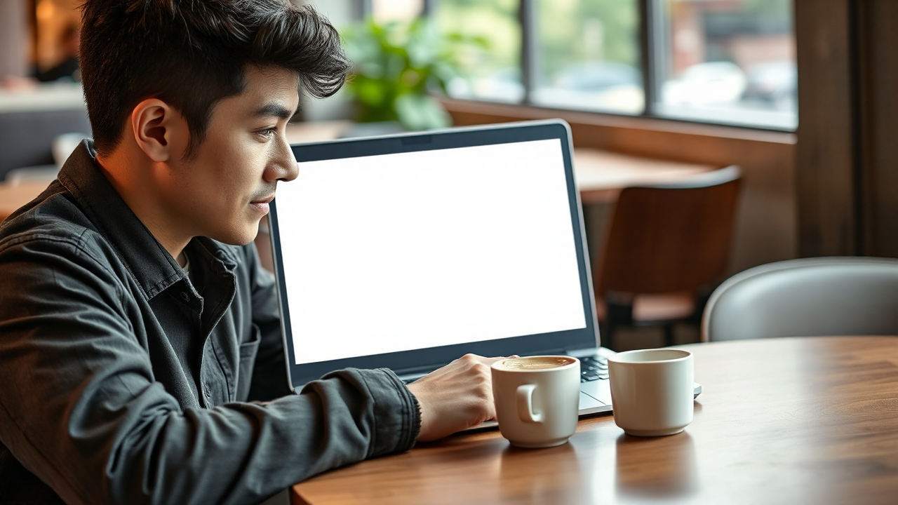 ノートパソコンで求人サイトを見ながら仕事を探すワーホリの若者