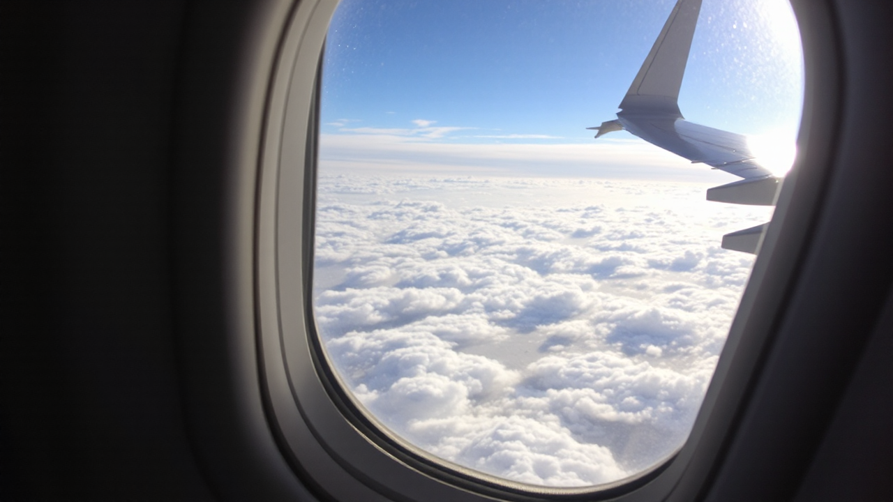 空港で出発を待つ旅行者と飛行機のイメージ